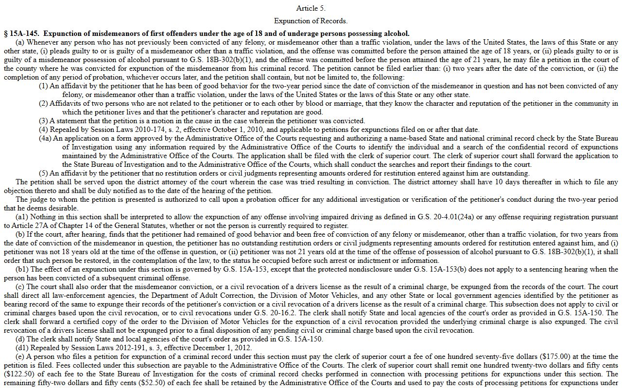 Cherokee County criminal court records Chapter 15A Article 5 expunction statutes