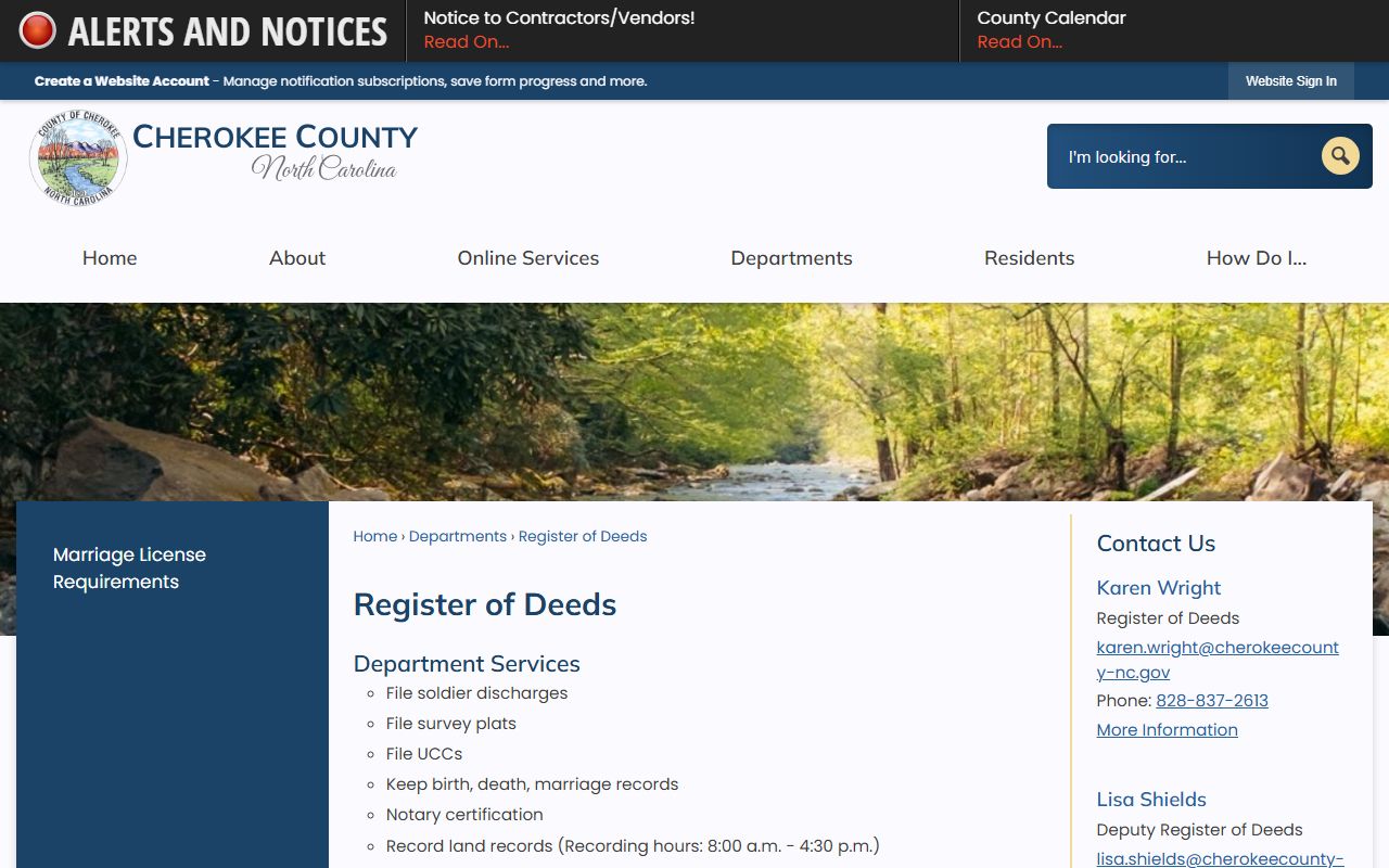 Cherokee County marriage and court records Register of Deeds source