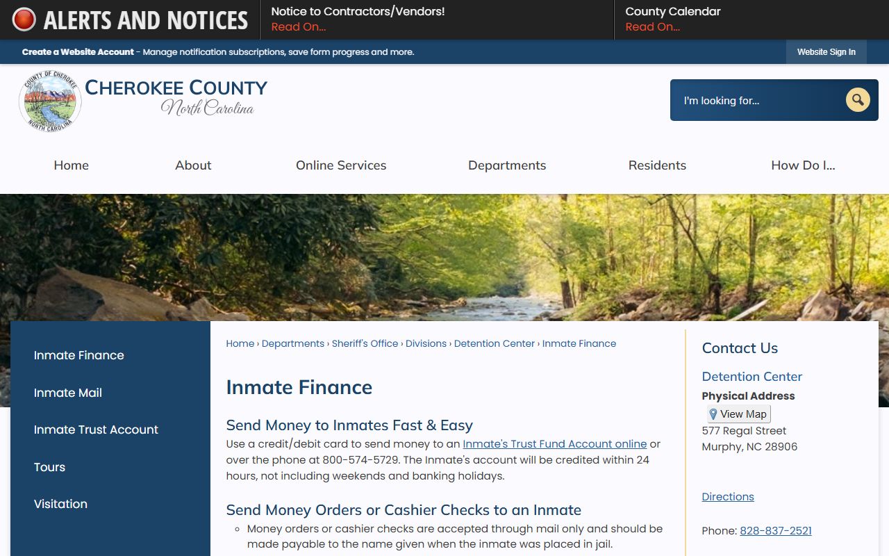 Cherokee County inmate search inmate finance instructions