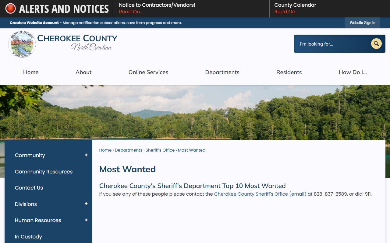 Cherokee County warrant search Most Wanted page